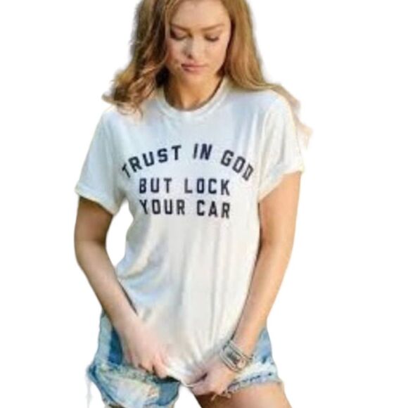 THE LIGHT BLONDE Women's Crew Neck Graphic Trust in God T-Shirt White Size Small - Picture 1 of 8
